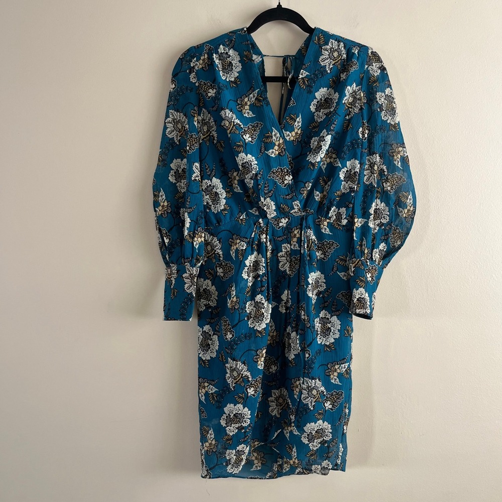 Derek Lam 10 Crosby Teal Floral Cotton Silk Mini Dress Long Sleeve 4 70s Boho